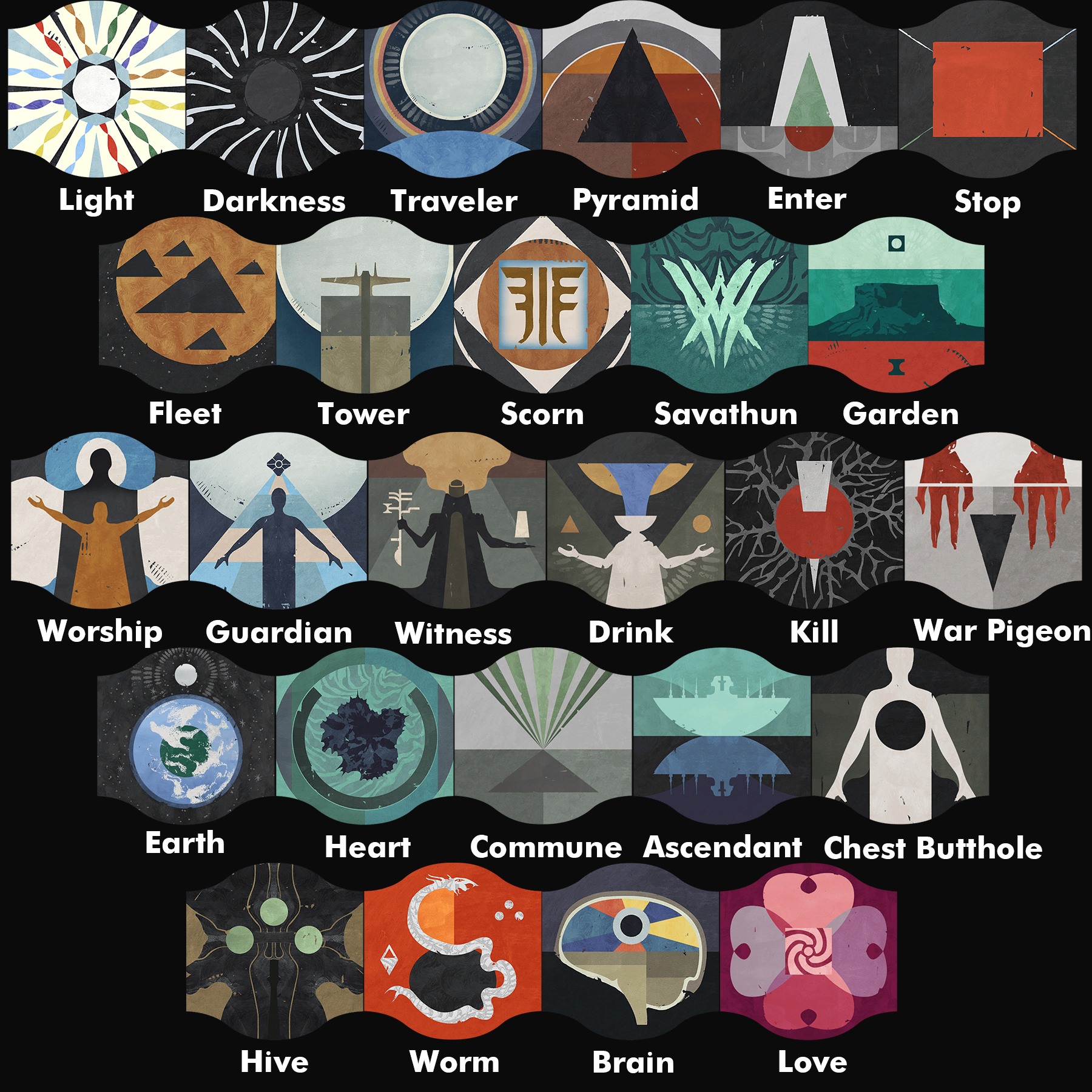 Vow of the Disciple symbol callout chart — all 24 symbols with names