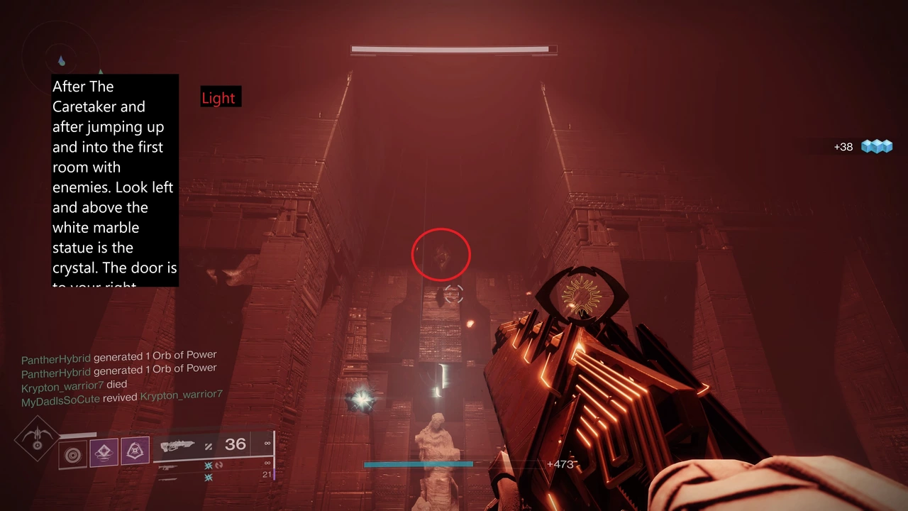 Light Room secret — crystal above statue in jumping puzzle first enemy room