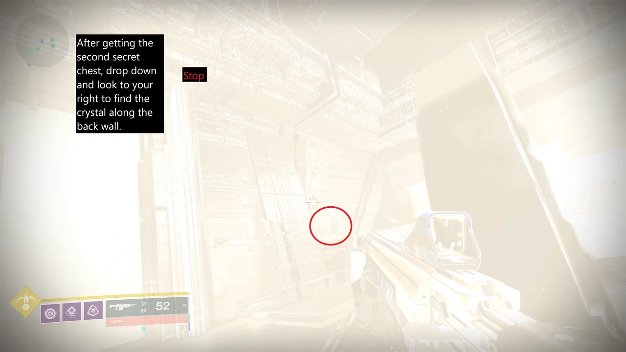 Stop Room secret — crystal along the back wall after dropping down from second secret chest