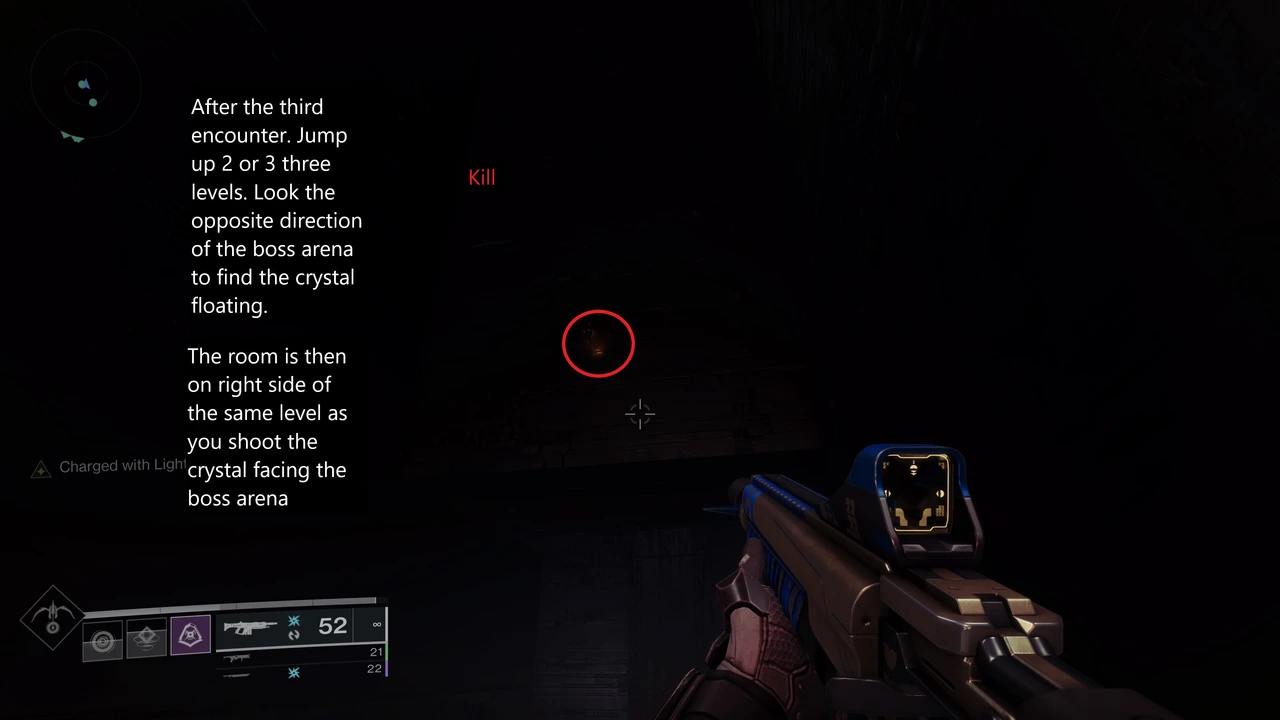 Kill Room secret — crystal floating after jumping up 2-3 levels past third encounter