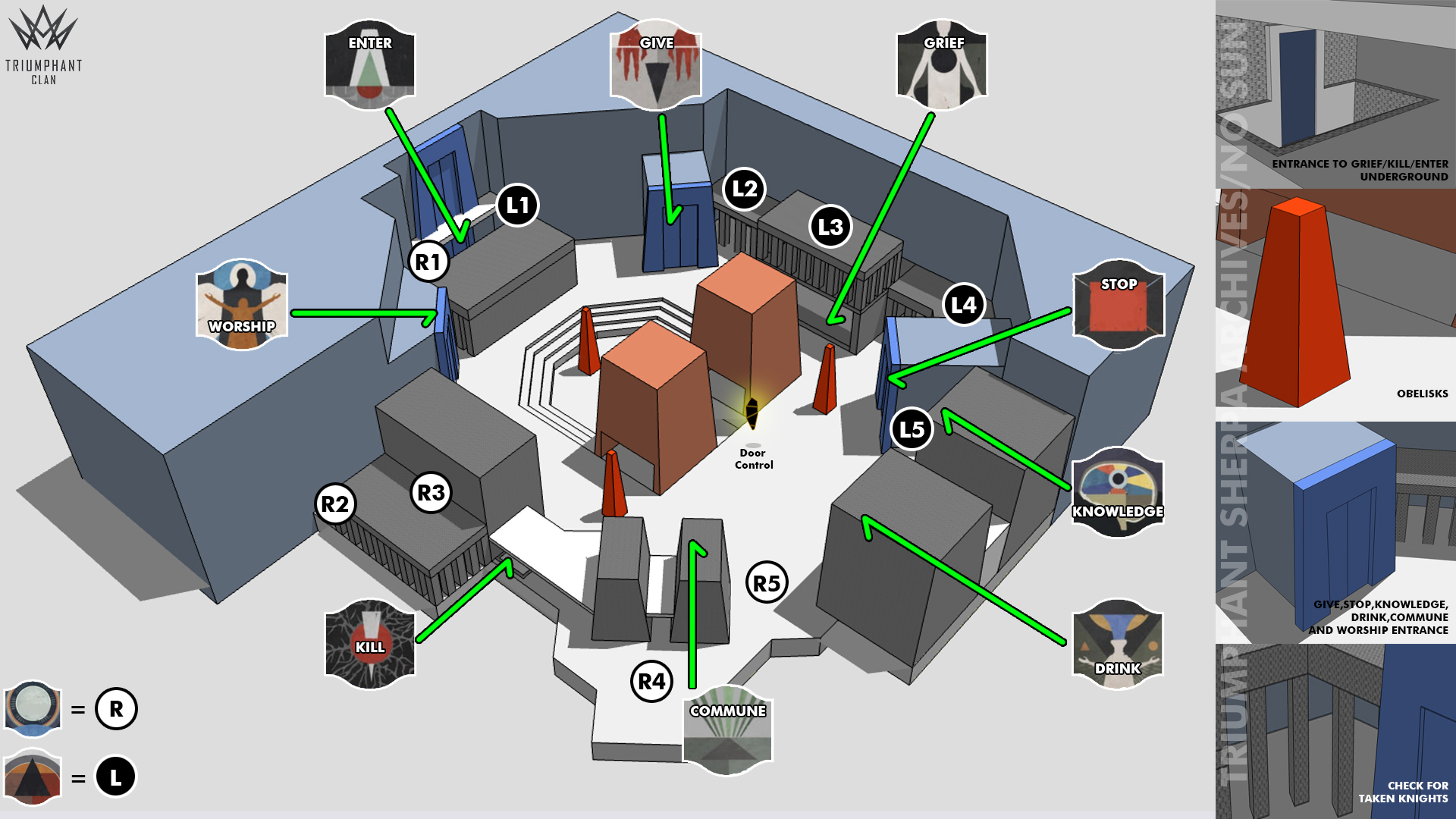 Acquisition encounter 3D arena map with obelisk and symbol callout positions