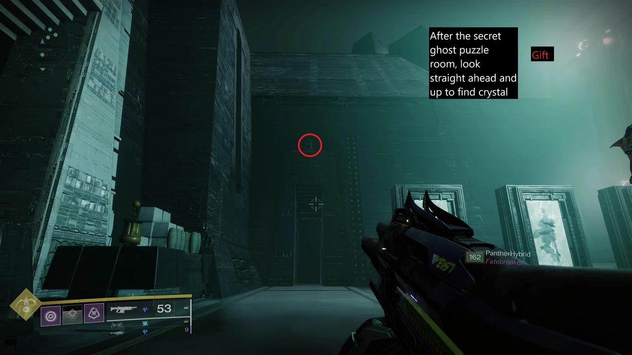 War Pigeon Room secret — crystal location after the ghost shell symbol room
