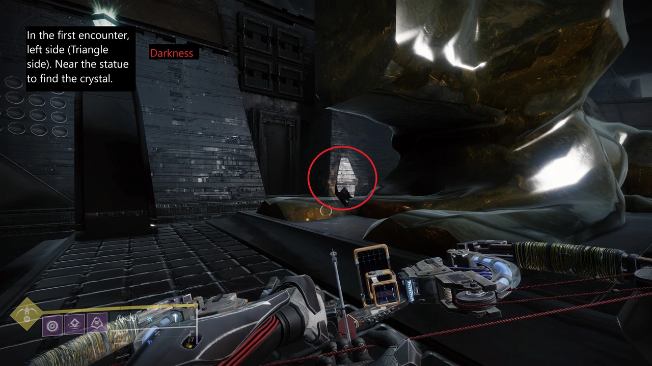 Darkness Room secret — crystal on statue in first encounter red triangle side