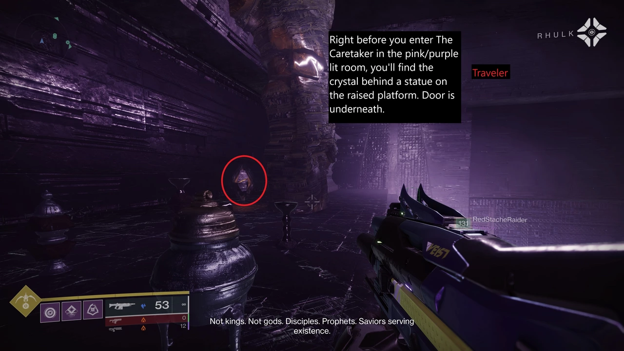 Traveler Room secret — crystal behind statue in pink/purple room before The Caretaker